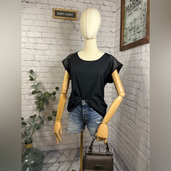 Express Black with Gold Studs Scoop Neck Short Sleeve blouse - Picture 2 of 6